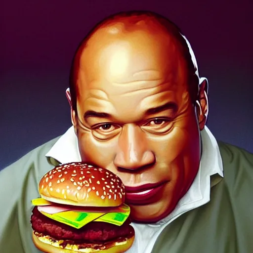 Prompt: portrait of oj simpson eating hamburgers, extra onions and ketchup, luscious patty with sesame seeds, feminine ethereal, handsome, d & d, fantasy, intricate, elegant, highly detailed, digital painting, artstation, concept art, matte, sharp focus, illustration, art by artgerm and greg rutkowski and alphonse mucha