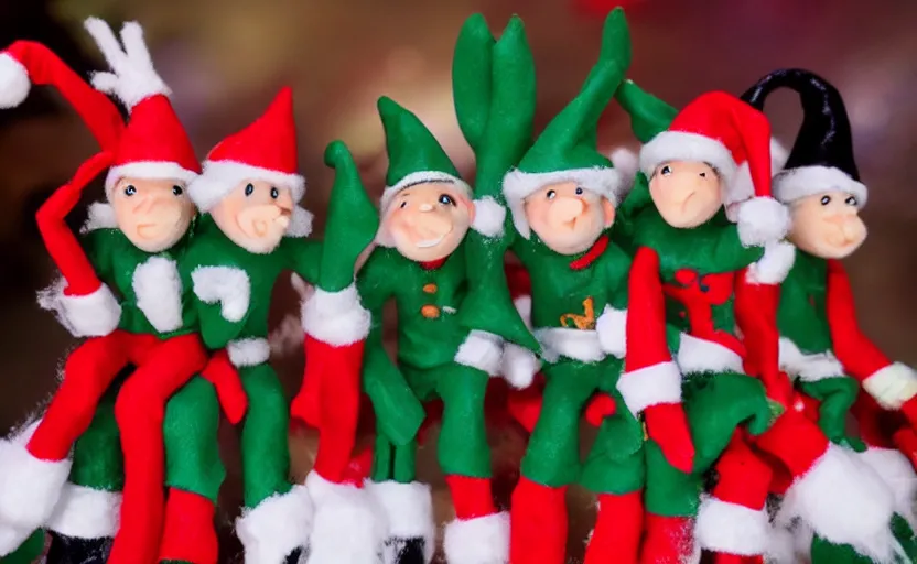 Prompt: footage of a group of Christmas elves in a hip hop group, claymation