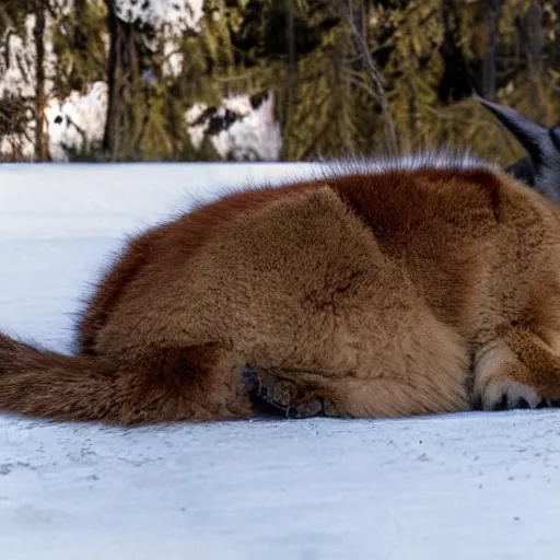 Prompt: fullbody photo still of sleepy drunk fat chubby caracal, lying sleeping on snowy ice, wearing coat, big stomach, fullbody, sunny winter day
