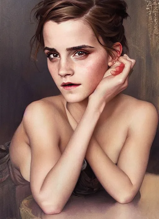 Image similar to oil painting of emma watson giving seductive look. beautiful detailed face. by artgerm and greg rutkowski and alphonse mucha