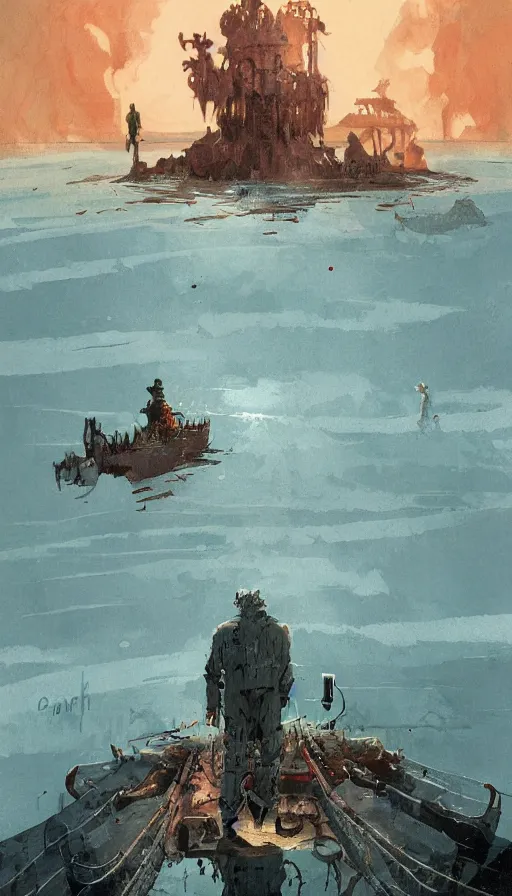 Image similar to man on boat crossing a body of water in hell with creatures in the water, sea of souls, by ian mcque