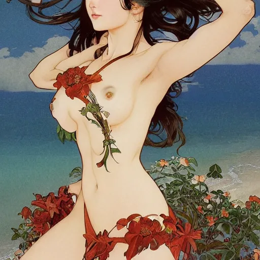 Image similar to dark-haired beauty in bikini styles by artgerm and greg rutkowski and alphonse mucha and J. C. Leyendecker and Edmund Blair Leighton and Katsuhiro Otomo and Geof Darrow and Phil hale and Ashley wood and Ilya repin and Charlie Bowater