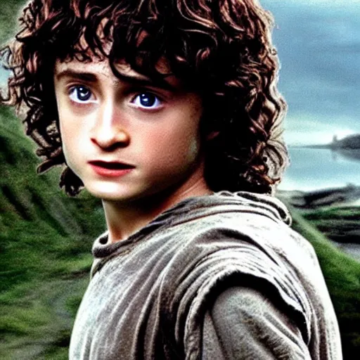 Prompt: Film still of a young Daniel Radcliffe as Frodo in Lord of the Rings: The Return of the King, small eyes
