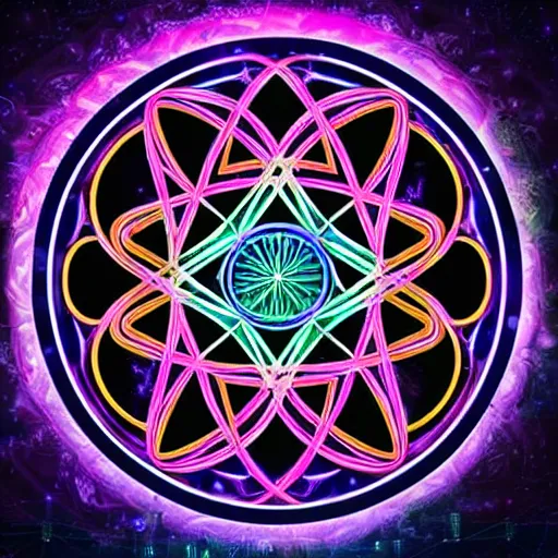 Image similar to mystical psychedelic poster with shaded lighting in the style of andriod jones, radiant light, detailed and complex environment, beautiful, utopic astral city in the sky with many buildings and temples reflecting a modern city on the ground with old growth pine trees, overlaid sacred geometry, flower of life, with implied lines, gradient of hot pink and neon baby blue