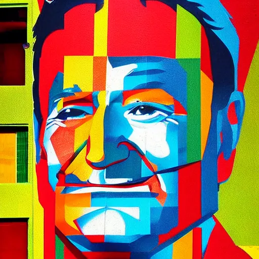 Prompt: robin williams street art mural by haruki murakami : 1 high contrast, hard edges, matte painting, geometric shapes, masterpiece : 1