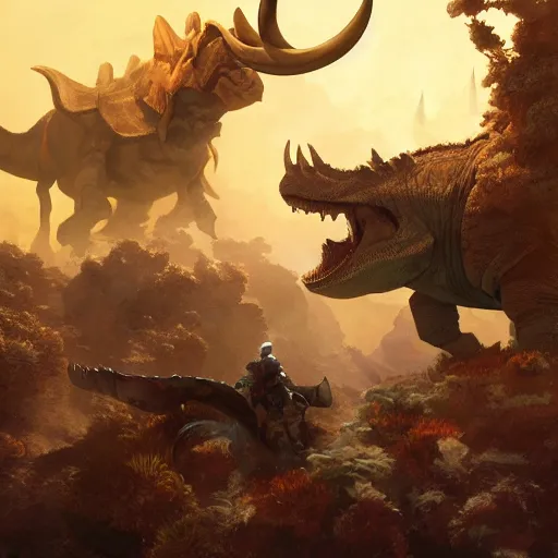 Image similar to the expedition with explores, warriors and adventurers, being brought by gigantic triceratops, the desert of duhnes medium shot, studio ghibli animation, anime key art by craig mullins, bloom, dramatic lighting