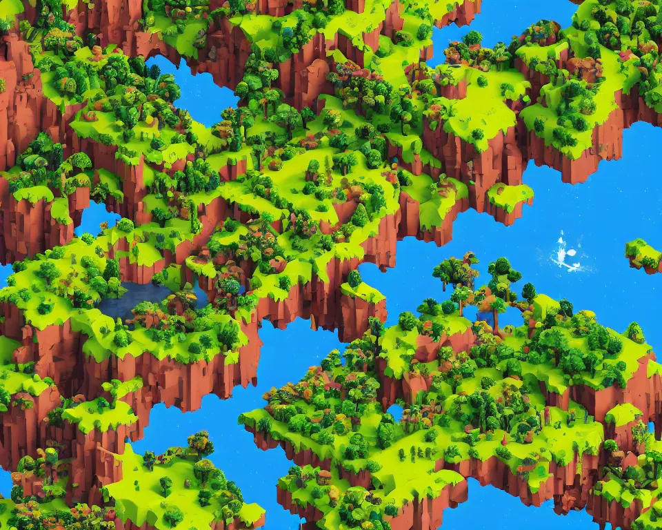 Prompt: the beastlands, isometric, made with voxels, avatar ( 2 0 0 9 ), lush landscape, jungle landscape