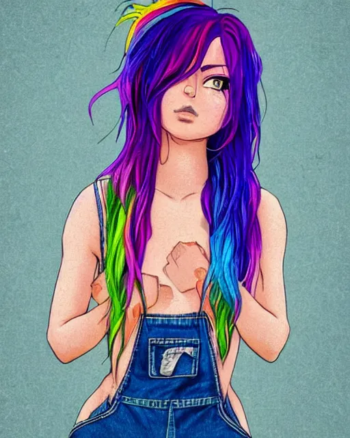 Prompt: full body portrait of an attractive woman with rainbow hair, drunk, angry, soft eyes and narrow chin, dainty figure, long hair straight down, torn overalls, short shorts, combat boots, basic white background, side boob, wet shirt, wet, raining, low angle, very low angle, highly detailed face, realistic face, beautiful detailed eyes, fantasy art, in the style of greg rutkowski, illustration, epic, fantasy, intricate, hyper detailed, artstation, concept art, smooth, sharp focus, ray tracing, vibrant,