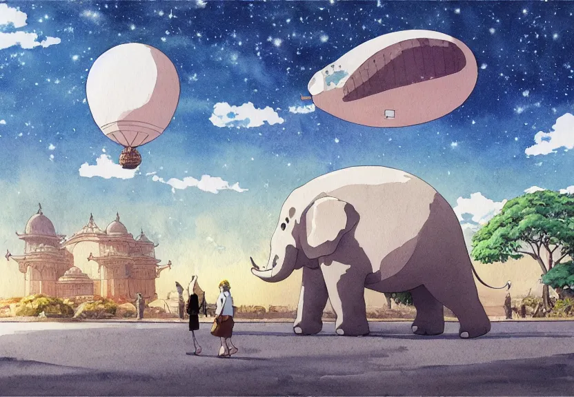 Prompt: a hyperrealist watercolor concept art from a studio ghibli film showing a giant grey blimp in the shape of an elephant. a hindu temple is under construction in the background in india on a misty and starry night. by studio ghibli. very dull muted colors