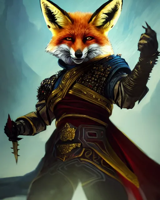 Image similar to Fox Warrior holding expensive gem, evil smile, medium shot, D&D, artstation, fantasy, magic the gathering artwork, cinematic lighting, centered, symmetrical, highly detailed, digital painting, , concept art, smooth, sharp focus, illustration, volumetric lighting, epic Composition, 8k, art by Akihiko Yoshida and Greg Rutkowski and Craig Mullins, oil painting, cgsociety