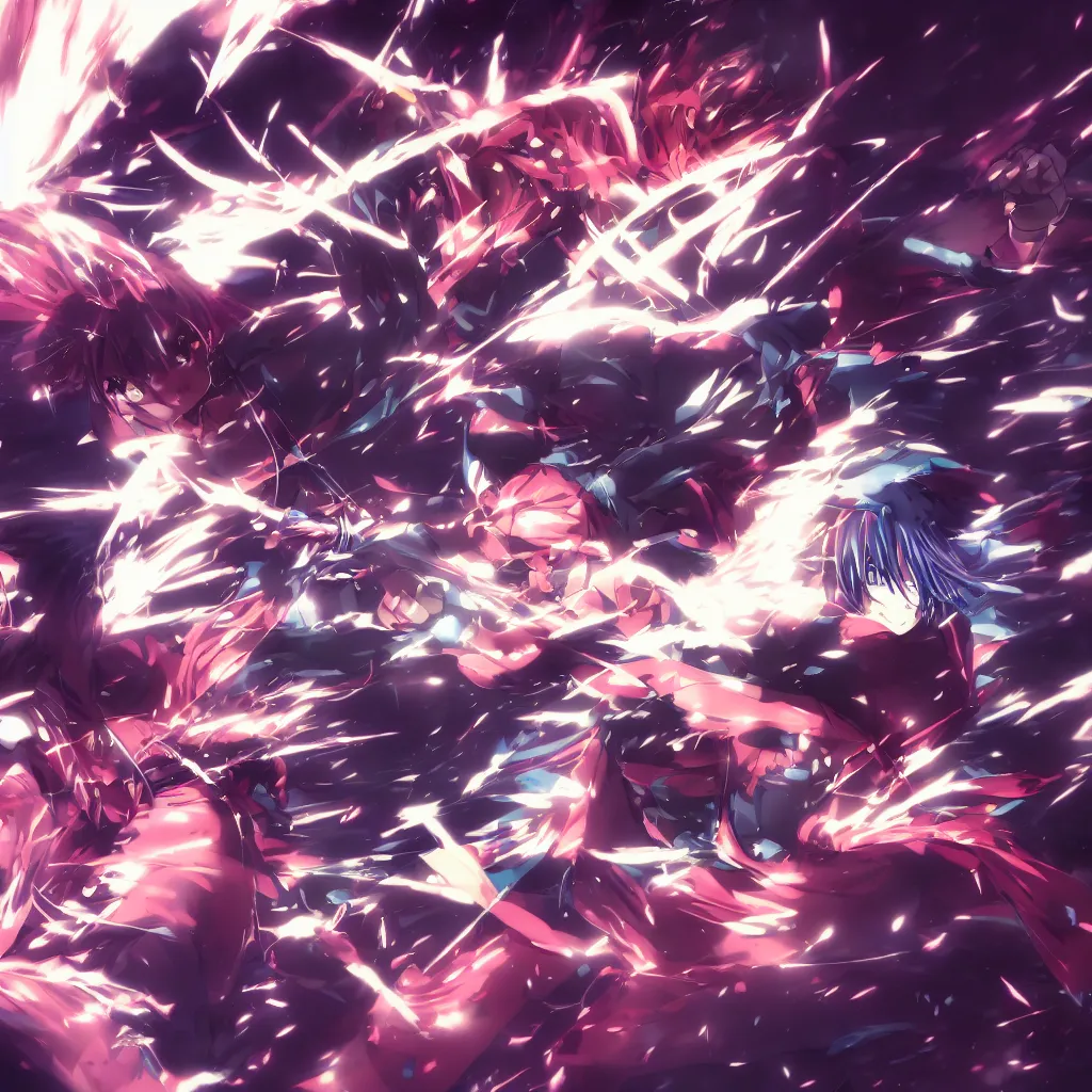 Image similar to a fight of two anime characters being punched, sword, gun, deep rich colors, surreal, 8 k, award winning, digital manga art, vray, blur, cinematic, neon, cyberwave, hayao miyazaki, rachel walpole