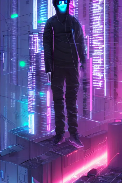 Image similar to santiago michel as a cyberpunk hacker