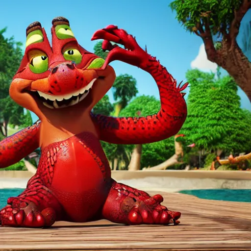 Image similar to 3 d render, anthropomorphic alligator, red scales on his back, male, waring swim shorts, in the style of zootopia, hd, 4 k, high definition background