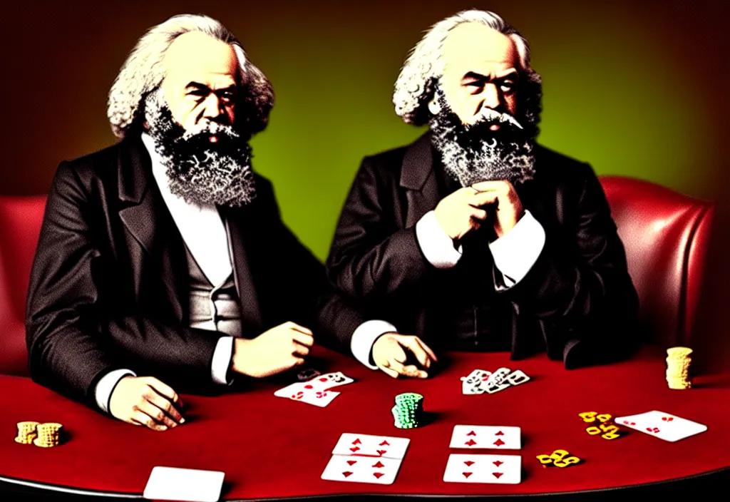 Image similar to Karl Marx playing poker in Las Vegas, ultra HD, studio light, photorealism