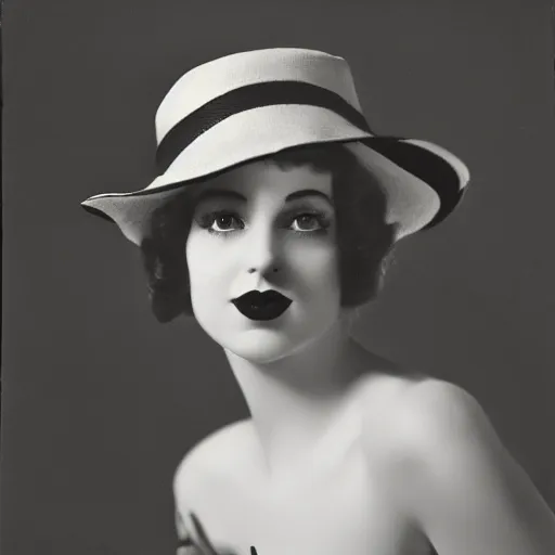 Image similar to a black and white photo of a woman wearing a hat, a character portrait by george hurrell, featured on flickr, mannerism, studio portrait, chiaroscuro, 1 9 2 0 s