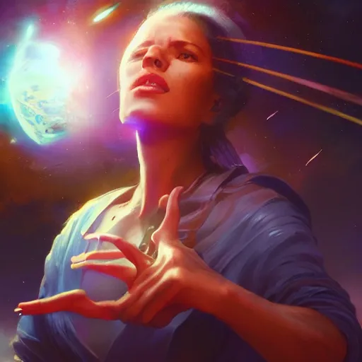 Image similar to a beautiful, powerful woman sitting in space, reaching her hand out toward the camera, emanating magic from her palms, extreme closeup, cgsociety contest winner, illustrated by mike beeple winklemann, greg rutkowski, and gaston bussiere, space art, portrait art, artstation, 4 k, 8 k