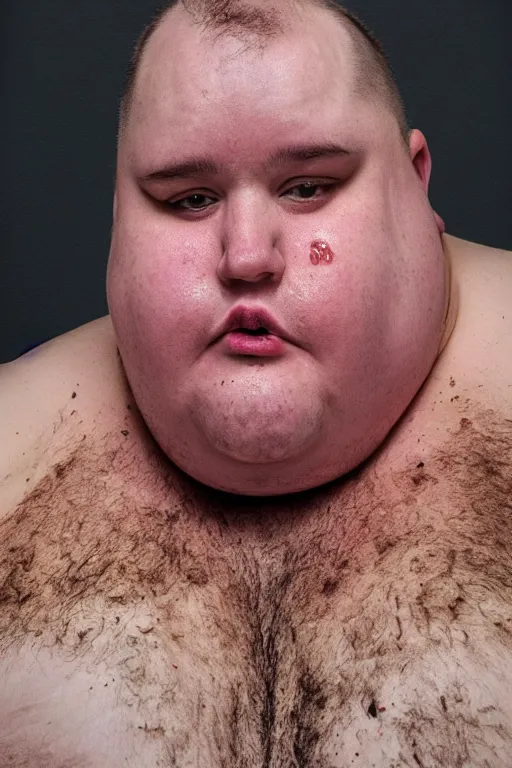 Image similar to an obese man with double chin and jowls sweating and dirty from eating representing gluttony, seven deadly sins