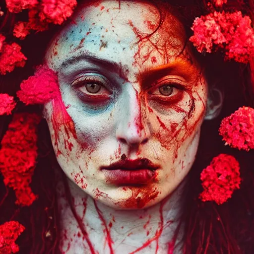 Prompt: 3 5 mm coloured film portrait of sophie turner as aghori sadhu covered in ash creature, hyperrealism, celestial red flowers vibe, photorealistic, detailed, atmospheric, 8 k, award winning photography, cinematic