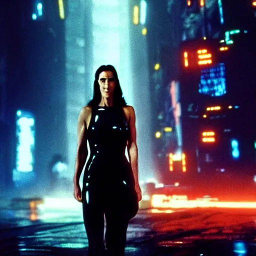 Image similar to jennifer connelly starring in a cyberpunk movie in a distopic futuristic city in the style of bladerunner, movie still, highly detailed, rainy night, volumetric lights, dramatic, scifi, sharp focus