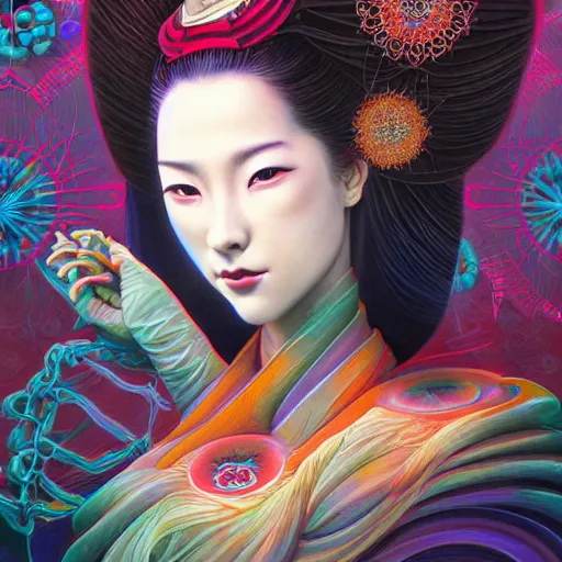 Image similar to a portrait of a geisha, surrounded by fractals, mandalas, cherry blossoms, hadron collider technology, metal gears, swirling bioluminescent energy, art by peter mohrbacher and dan mumford