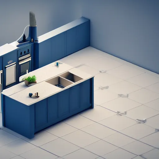 Image similar to isometric minimalistic chubby kitchen, cinema 4 d, 1 0 0 mm, blue color scheme depth of field, octane render, studio lighting