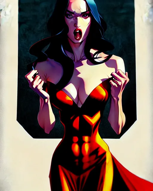 Image similar to artgerm, joshua middleton comic cover art, full body pretty megan fox vampire sharp teeth, red dress, symmetrical eyes, symmetrical face, long curly black hair, dark castle background background, cinematic lighting