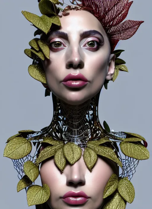 Image similar to complex 3d render ultra detailed of a beautiful porcelain lady gaga face, mechanical vegetal cyborg, 150 mm, beautiful natural soft light, rim light, silver gold details, magnolia big leaves and stems, roots, fine foliage lace, mesh wire, Alexander Mcqueen haute couture, lady Gaga style, intricate details, hyperrealistic, mandelbrot fractal, anatomical, red lips, silver metal armor, facial muscles, cable wires, microchip, elegant, white background, octane render, H.R. Giger style, 8k