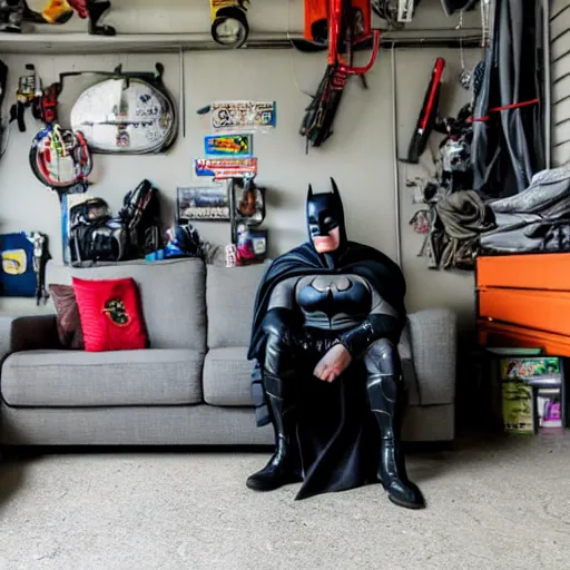 Prompt: I took this picture of Batman sitting on the couch in my cluttered garage