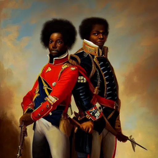 Image similar to portrait of napoloen bonaparte and toussaint l'ouverture standing proudly shoulder to shoulder, painting by rose roosendaal, trending on artstation