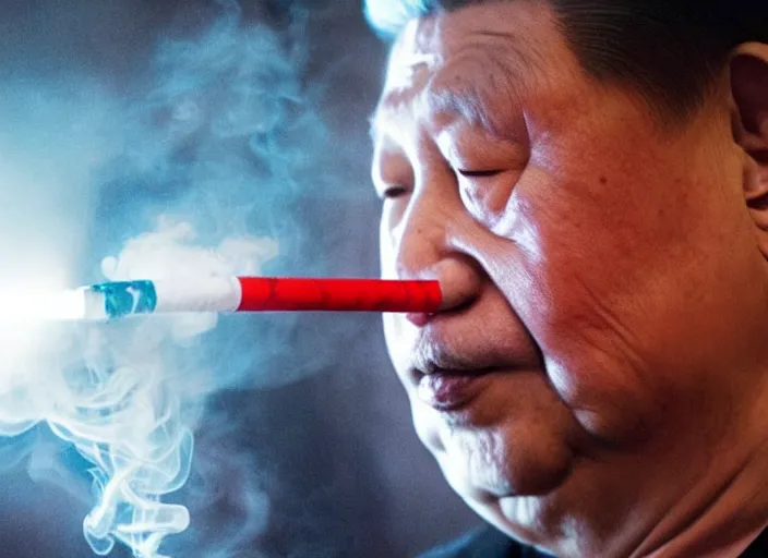 Prompt: xi jinping smoking a cigarette, heroic shot, post apocalyptic, future, cyber - punk, 8 0 s, wide shot, at night, neon lights