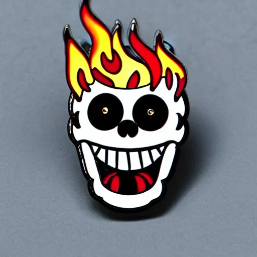 Prompt: a highly detailed retro minimalistic smiling jolly skull with fire flame enamel pin