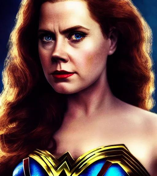 Image similar to a potrait of Amy Adams potrayed as Wonder Woman, Directed by Zack Snyder, Christopher Nolan, Sam Raimi, 8k photorealistic, cinematic lighting, HD, high details, dramatic, trending on artstation, above view, dark atmosphere,