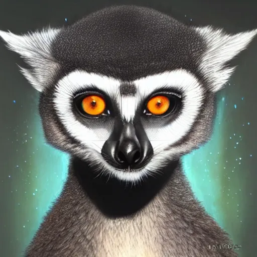 Prompt: Geometric lemur with galaxy eyes, sun in the background, intricate, elegant, highly detailed, digital painting, artstation, concept art, smooth, sharp focus, illustration, art by artgerm