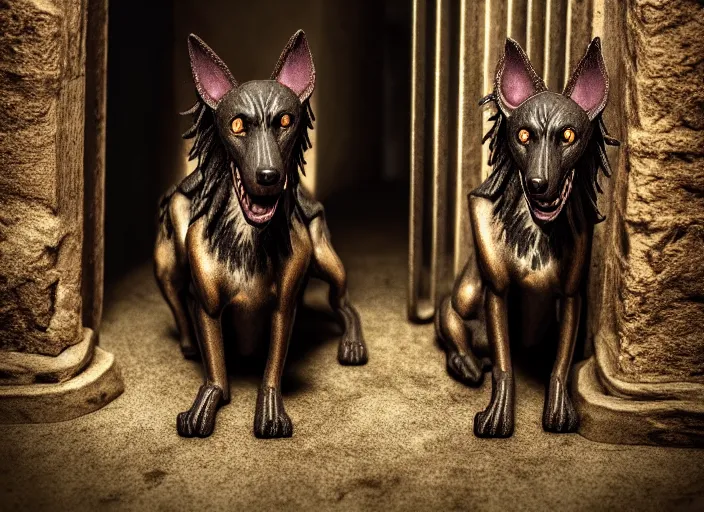 Image similar to photo of a real life photorealistic cerberus hound guarding the gates to the underworld. fantasy horror style. highly detailed 8 k. intricate. lifelike. soft light. nikon d 8 5 0 5 5 mm. dof. cinematic post - processing.