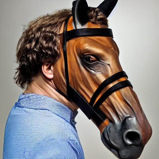 Image similar to man wearing horse head mask on shoulder of man