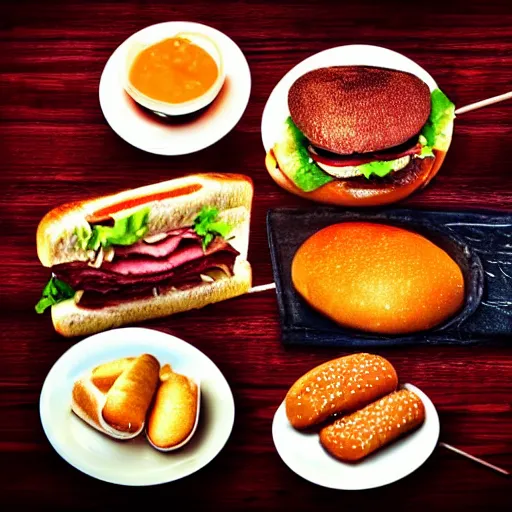 Image similar to food, sandwich, hamburger, steak, drinks, juicy meat, dripping sauce, dramatic lighting, cinematic, artistic