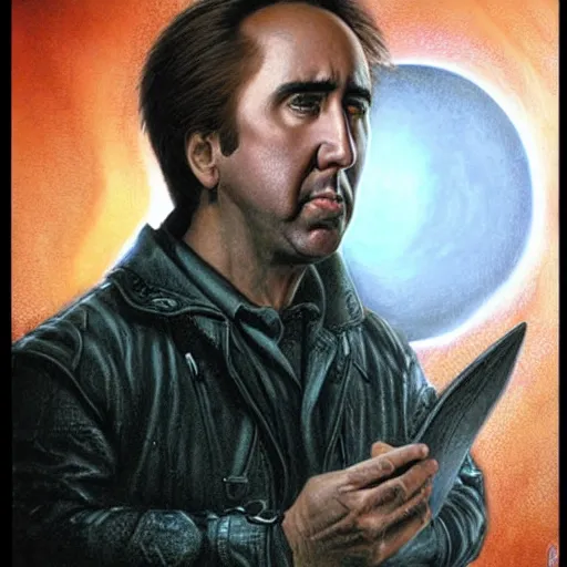 Prompt: Nicolas Cage pondering his orb by Todd Lockwood