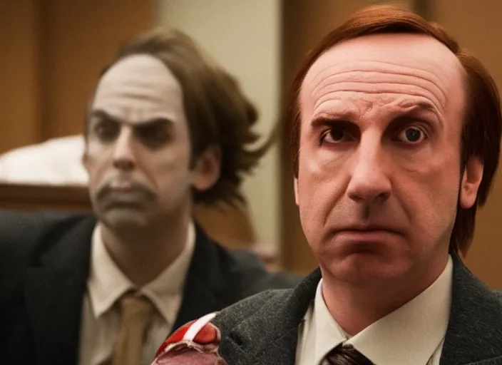 Image similar to saul goodman defending pennywise in court, still from better call saul, shot by wes anderson, symmetrical shot, beautiful shot