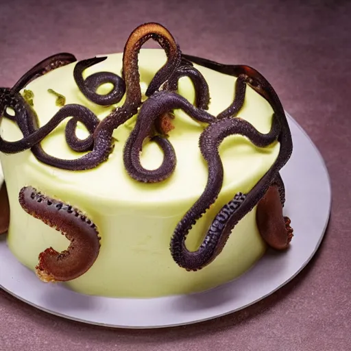 Prompt: a cake made of octopus tentacles, food photography