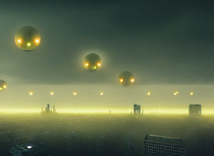 Image similar to glowing alien spheres over the city, fog, rain, volumetric lighting, beautiful, mystique, golden hour, sharp focus, ultra detailed, concept art, gilles beloeil, andy park, jan urschel, dylan cole, noir art house, 4 k, 3 5 mm, fujifilm