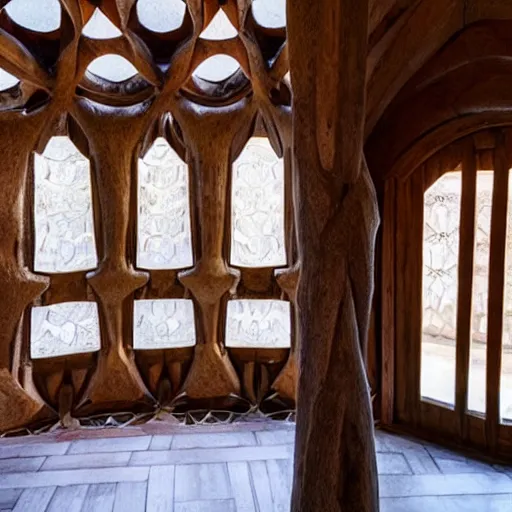 Prompt: casa de madera pequena - cupulas - cristal - foto profesionales - interior - estilo gaudi - muy original