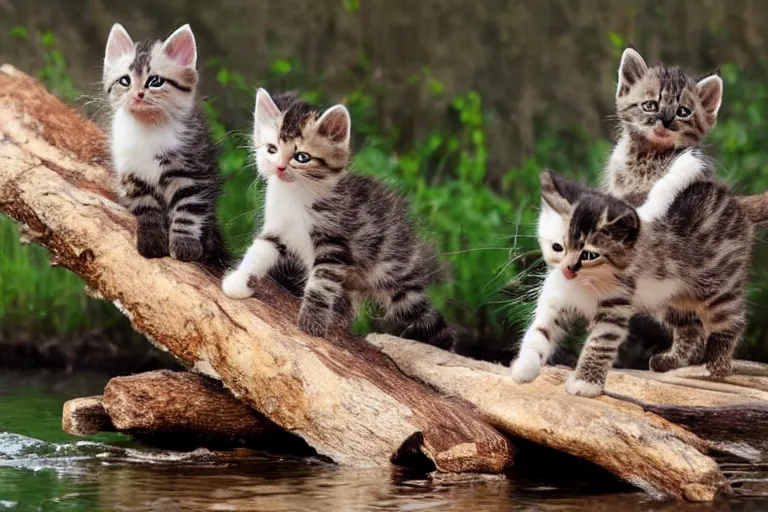 Image similar to kittens walking on a log that crosses a river