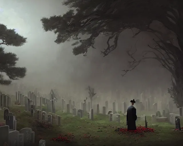 Image similar to a 50 year old brunnete chinese man Standing at a funeral in a cemetery next to the grim reaper, horror scene, dramatic, anime art, Greg Rutkowski, studio ghibli, dramatic lighting