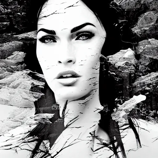 Prompt: megan fox face in beautiful mountains, double - exposure effect, in the style of dan mountford, amazing detail, black and white