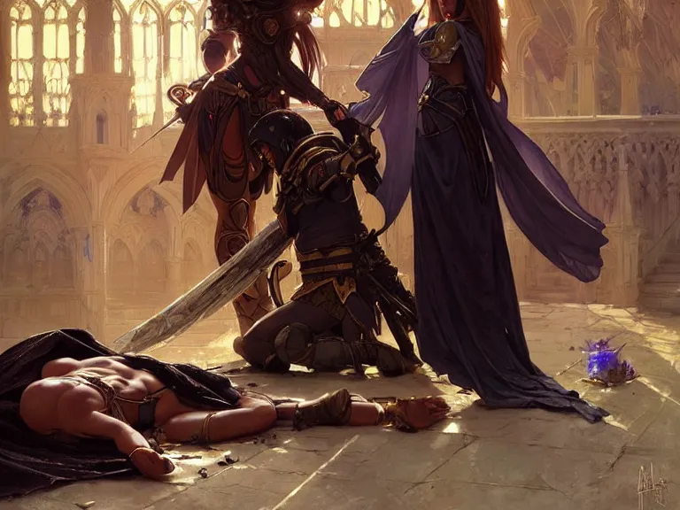 Prompt: picture of cute priestess using healing magic on a wounded black - armored knight on the floor, digital painting, highly detailed, smooth, sharp contrast, digital painting, by artgerm and greg rutkowski and alphonse mucha