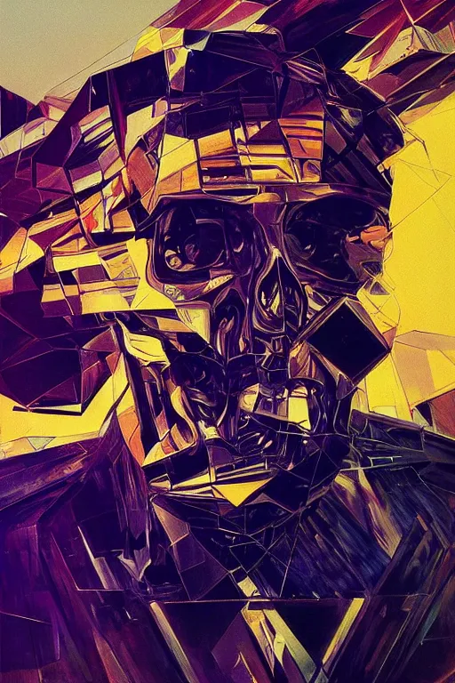 Image similar to wideangle, a portrait of a shattered skull, madness, decoherence, synthwave, glitch!!, fracture, realistic, hyperdetailed, concept art, golden hour, art by syd mead, cubism