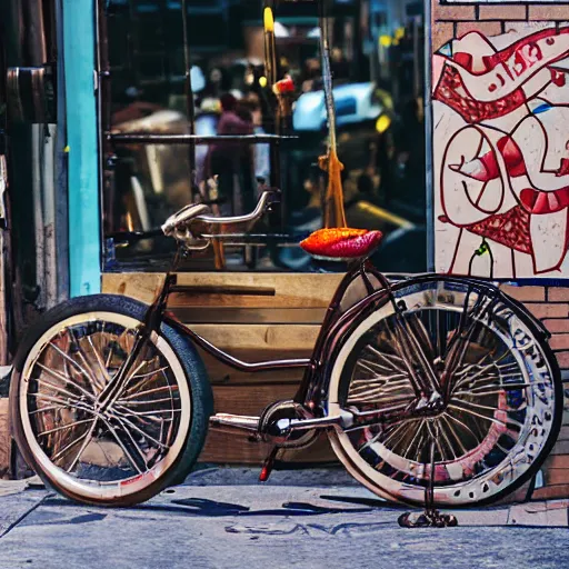 Image similar to bicycle made of charcuterie, meat cycle, beef bike, flesh bicycle, glisten, oily, dripping, mechanical, street photography, cityscape,