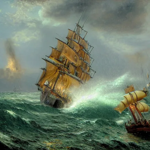 Image similar to realistic detailled matte painting of a gigantic golden metallic shining water snake with hundred tentacles coming out of the ocean, fighting a heavy burning pirate ship firing back with canons, in the middle of a heavy rain storm, impressionism, by andreas achenbach, anton otto fischer, andreas rocha, 8 k, dynamic lighting, vivid colors