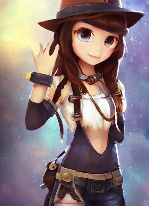 Image similar to female explorer mini cute girl, adoptable, highly detailed, rendered, ray - tracing, cgi animated, 3 d demo reel avatar, style of maple story and aura kingdom, maple story indiana jones, dark skin, cool clothes, soft shade, soft lighting, portrait pose