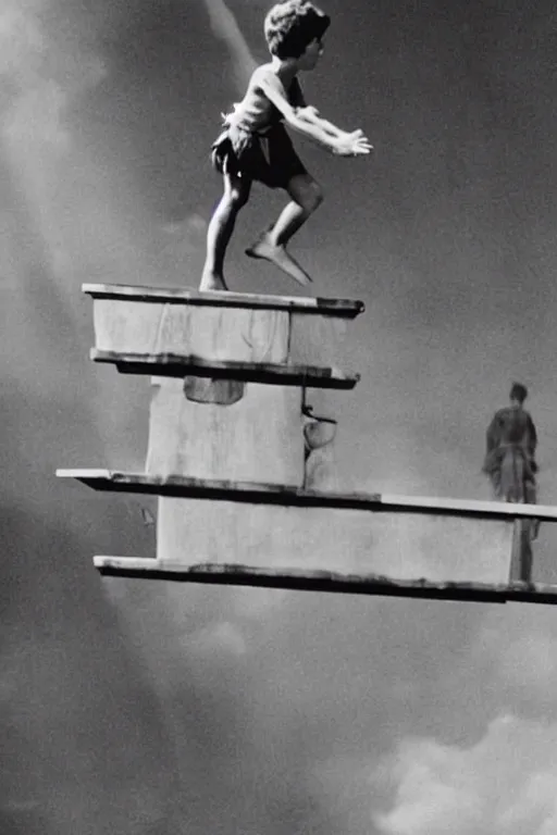 Image similar to close up still shot of young peter pan on a diving board, from the live action movie hook, 3 5 mm, highly detailed, dynamic lighting